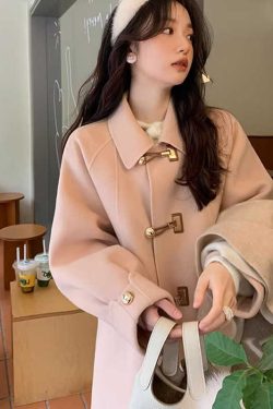 Petite Double-Sided Cashmere Wool Coat with Horn Buttons for Women - High-End Feel Autumn Winter 2024 Woolen Jacket