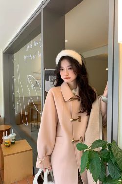 Petite Double-Sided Cashmere Wool Coat with Horn Buttons for Women - High-End Feel Autumn Winter 2024 Woolen Jacket