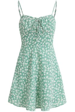 Petite Floral Green Summer Dress for Women - French Style Vacation Dress, Slimming Design for 2025