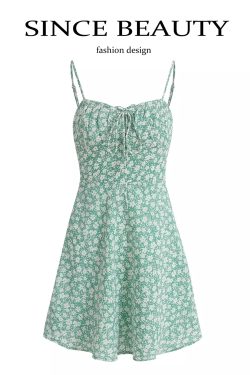 Petite Floral Green Summer Dress for Women - French Style Vacation Dress, Slimming Design for 2025