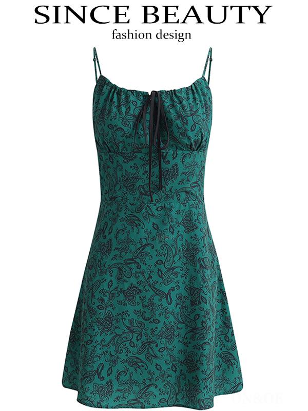 Petite French Vacation Dress for Summer 2025 - Green Spaghetti Strap Mini Dress with Prints - Trendy Floral Design Petite French Vacation Dress for Summer 2025 - Green Spaghetti Strap Mini Dress with Prints - Trendy Floral Design