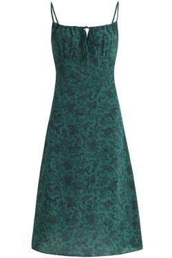 Petite French Vacation Dress for Summer 2025 - Green Spaghetti Strap Mini Dress with Prints - Trendy Floral Design