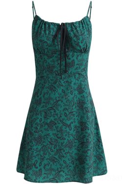 Petite French Vacation Dress for Summer 2025 - Green Spaghetti Strap Mini Dress with Prints - Trendy Floral Design