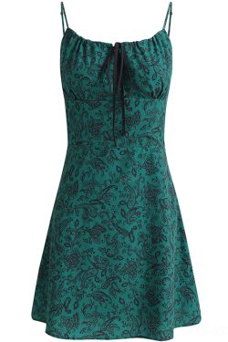 Petite French Vacation Dress for Summer 2025 - Green Spaghetti Strap Mini Dress with Prints - Trendy Floral Design