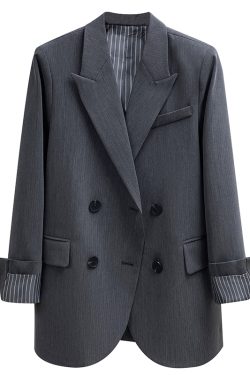 Petite Gray Blazer for Women with Striped Sleeves, Spring Autumn Suit, 2025 Trendy Korean Style Outerwear