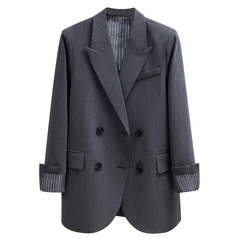 Petite Gray Blazer for Women with Striped Sleeves, Spring Autumn Suit, 2025 Trendy Korean Style Outerwear Petite Gray Blazer for Women with Striped Sleeves, Spring Autumn Suit, 2025 Trendy Korean Style Outerwear