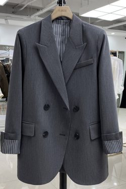 Petite Gray Blazer for Women with Striped Sleeves, Spring Autumn Suit, 2025 Trendy Korean Style Outerwear