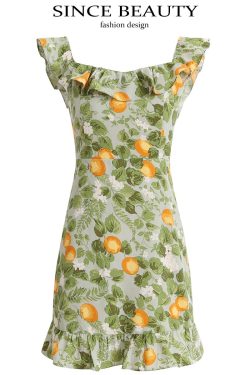 Petite Green Ruffled French-Style Vacation Dress 2025 Summer Collection for Women