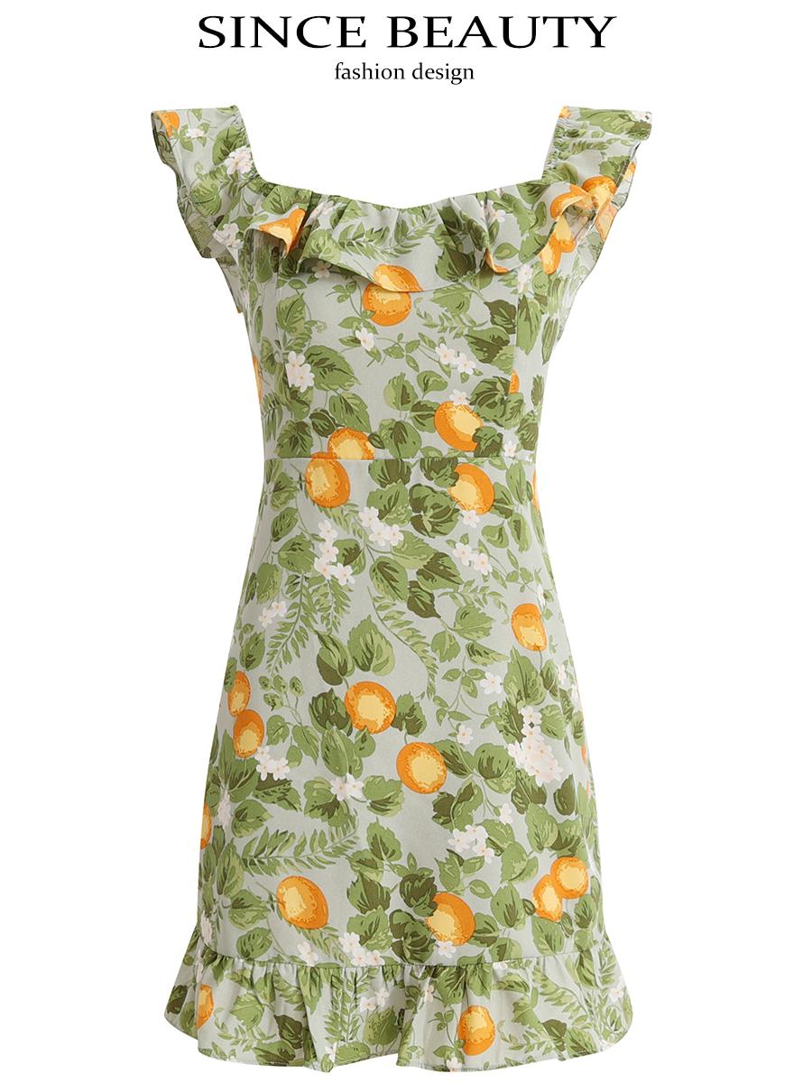 Petite Green Ruffled French-Style Vacation Dress 2025 Summer Collection for Women Petite Green Ruffled French-Style Vacation Dress 2025 Summer Collection for Women