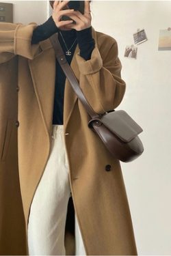 Petite Hepburn-Style Black Double-Faced Cashmere Coat for Women, Mid-Length Woolen Outerwear for Autumn/Winter 2024