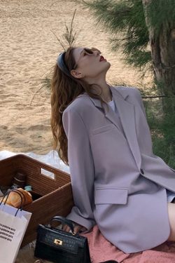 Petite Loose Casual Gray Suit Jacket for Women - Korean Style Blazer for Early Autumn Fashion