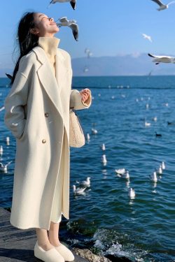 Petite Oatmeal Double-Sided Cashmere Coat for Women - Mid-Length High-End Woolen Outerwear for Autumn/Winter 2024