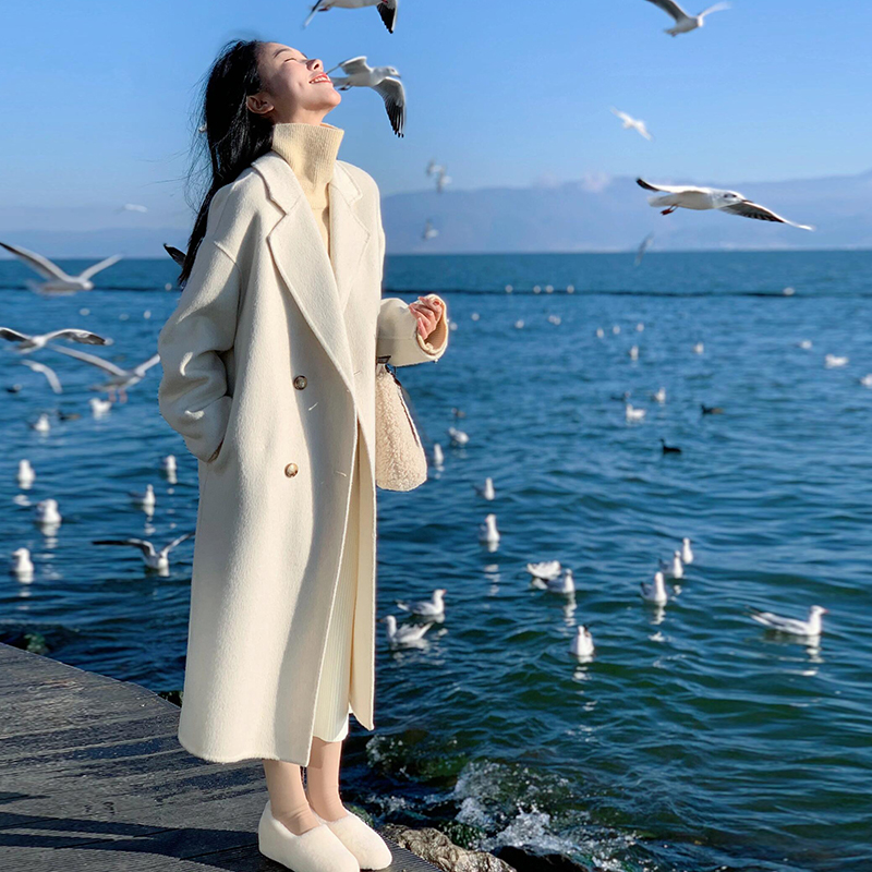 Petite Oatmeal Double-Sided Cashmere Coat for Women - Mid-Length High-End Woolen Outerwear for Autumn/Winter 2024 Petite Oatmeal Double-Sided Cashmere Coat for Women - Mid-Length High-End Woolen Outerwear for Autumn/Winter 2024