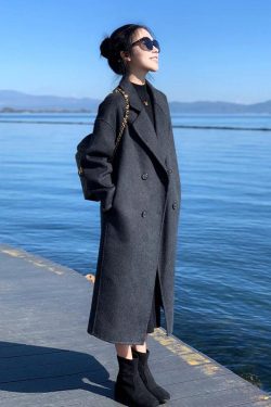 Petite Oatmeal Double-Sided Cashmere Coat for Women - Mid-Length High-End Woolen Outerwear for Autumn/Winter 2024