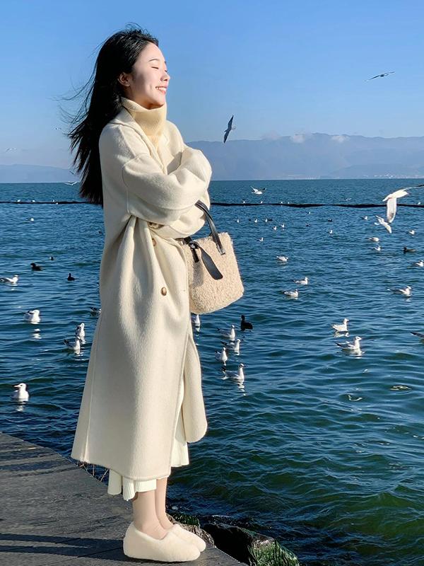 Petite Oatmeal Double-Sided Cashmere Coat for Women - Mid-Length High-End Woolen Outerwear for Autumn/Winter 2024 Petite Oatmeal Double-Sided Cashmere Coat for Women - Mid-Length High-End Woolen Outerwear for Autumn/Winter 2024