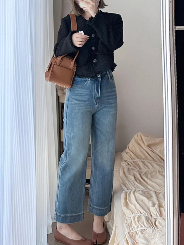 Petite Plus Size Slim-Fit Cigarette Jeans for Pear-Shaped Body - Wide Leg, Nine-Point Cut, Stylish Comfort Petite Plus Size Slim-Fit Cigarette Jeans for Pear-Shaped Body - Wide Leg, Nine-Point Cut, Stylish Comfort