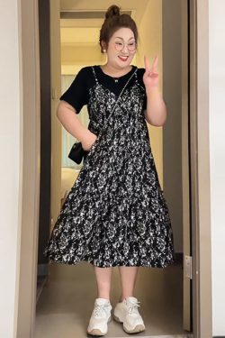 Petite Plus-Size Slimming Loose-Fitting Summer Dress, French Hepburn Style Faux Two-Piece for Curvy Women