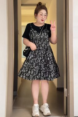 Petite Plus-Size Slimming Loose-Fitting Summer Dress, French Hepburn Style Faux Two-Piece for Curvy Women