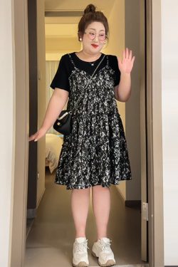 Petite Plus-Size Slimming Loose-Fitting Summer Dress, French Hepburn Style Faux Two-Piece for Curvy Women