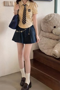 Petite Puff Sleeve JK Uniform Set with Waist-Defined Short Sleeve Shirt and Pudding Bear Design for Summer Women’s Fashion
