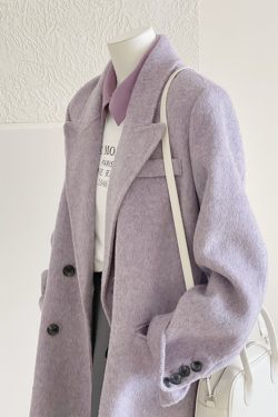 Petite Short Purple Wool Coat for Women - High-End Autumn Winter 2024 Style
