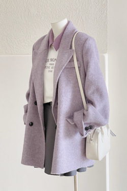 Petite Short Purple Wool Coat for Women - High-End Autumn Winter 2024 Style