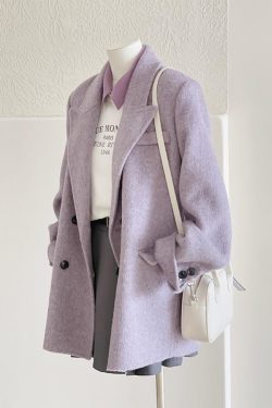 Petite Short Purple Wool Coat for Women - High-End Autumn Winter 2024 Style