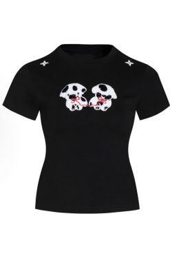 Petite Slim Fit Short-Sleeved T-Shirt with Patch Embroidery for Women - Trendy Summer Style, Age-Reducing Design