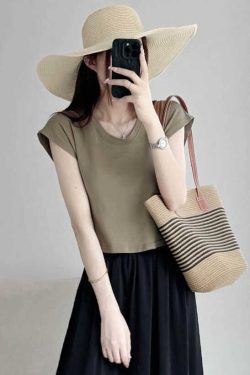 Petite U-Neck Cotton T-Shirt with Flutter Sleeves - Comfortable Summer 2025 Short Sleeve Top in Lazy Style for Casual Looks