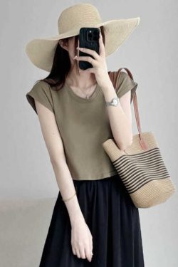 Petite U-Neck Cotton T-Shirt with Flutter Sleeves - Comfortable Summer 2025 Short Sleeve Top in Lazy Style for Casual Looks
