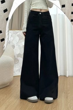 Petite Women's Black Wide-Leg Jeans, Loose Fit Flared Pants for Pear-Shaped Bodies, 2025 New Style, Trendy Casual Fashion