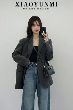 Petite Women's Casual Blazer - Korean Style Gray Suit Jacket for Spring 2025 - Chic Outfit Essential