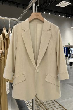 Petite Women's Spring Summer Beige Thin Three-Quarter Sleeve Suit Jacket - Short Fit, Trendy Fashion Outerwear