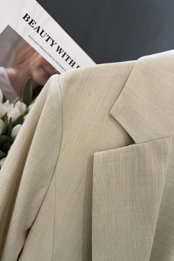 Petite Women's Spring Summer Beige Thin Three-Quarter Sleeve Suit Jacket - Short Fit, Trendy Fashion Outerwear