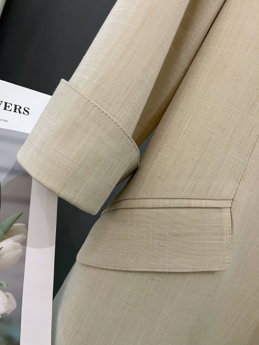 Petite Women's Spring Summer Beige Thin Three-Quarter Sleeve Suit Jacket - Short Fit, Trendy Fashion Outerwear Petite Women's Spring Summer Beige Thin Three-Quarter Sleeve Suit Jacket - Short Fit, Trendy Fashion Outerwear