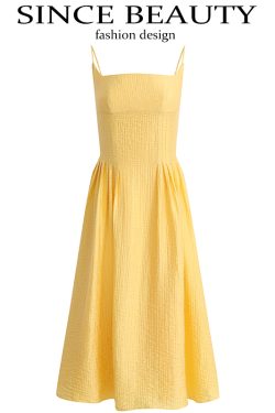 Petite Yellow Spaghetti Strap Dress for Women - French Style Beach Vacation Dress Inspired by Zhao Lusi