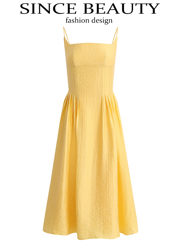 Petite Yellow Spaghetti Strap Dress for Women - French Style Beach Vacation Dress Inspired by Zhao Lusi Petite Yellow Spaghetti Strap Dress for Women - French Style Beach Vacation Dress Inspired by Zhao Lusi