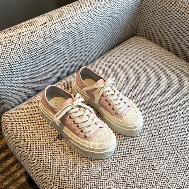 Pink Genuine Leather Lace-Up Sneakers for Women - 2025 Height-Increasing Thick Sole Casual White Shoes, Versatile Comfort Style Pink Genuine Leather Lace-Up Sneakers for Women - 2025 Height-Increasing Thick Sole Casual White Shoes, Versatile Comfort Style
