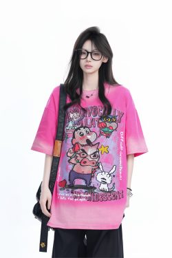 Pink Gradient Cartoon Print Loose-Fit Short-Sleeve T-Shirt for Women - American Style Heavy-Duty Casual Top