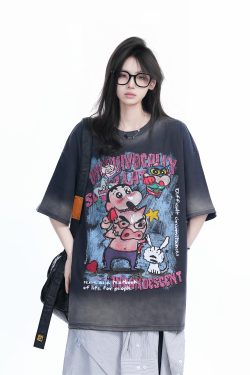 Pink Gradient Cartoon Print Loose-Fit Short-Sleeve T-Shirt for Women - American Style Heavy-Duty Casual Top