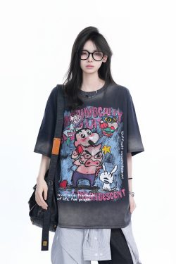 Pink Gradient Cartoon Print Loose-Fit Short-Sleeve T-Shirt for Women - American Style Heavy-Duty Casual Top