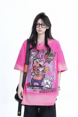 Pink Gradient Cartoon Print Loose-Fit Short-Sleeve T-Shirt for Women - American Style Heavy-Duty Casual Top