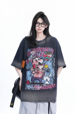 Pink Gradient Cartoon Print Loose-Fit Short-Sleeve T-Shirt for Women - American Style Heavy-Duty Casual Top