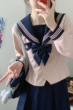 Pink JK Uniform Sailor Suit for Women - Camellia Floral Waist-Defined College Style Summer Short Sleeve Set