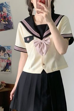 Pink JK Uniform Sailor Suit for Women - Camellia Floral Waist-Defined College Style Summer Short Sleeve Set