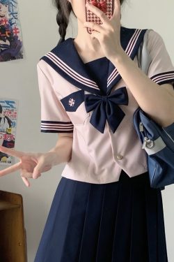 Pink JK Uniform Sailor Suit for Women - Camellia Floral Waist-Defined College Style Summer Short Sleeve Set