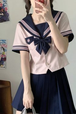Pink JK Uniform Sailor Suit for Women - Camellia Floral Waist-Defined College Style Summer Short Sleeve Set