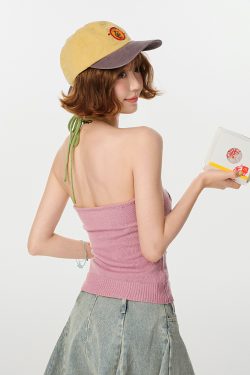 Pink Knitted Backless Halter Top for Women - American Retro Summer Style, Slim-Fit, Girly Y2K Fashion Top