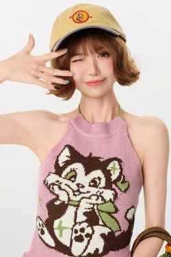 Pink Knitted Backless Halter Top for Women - American Retro Summer Style, Slim-Fit, Girly Y2K Fashion Top