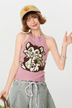 Pink Knitted Backless Halter Top for Women - American Retro Summer Style, Slim-Fit, Girly Y2K Fashion Top